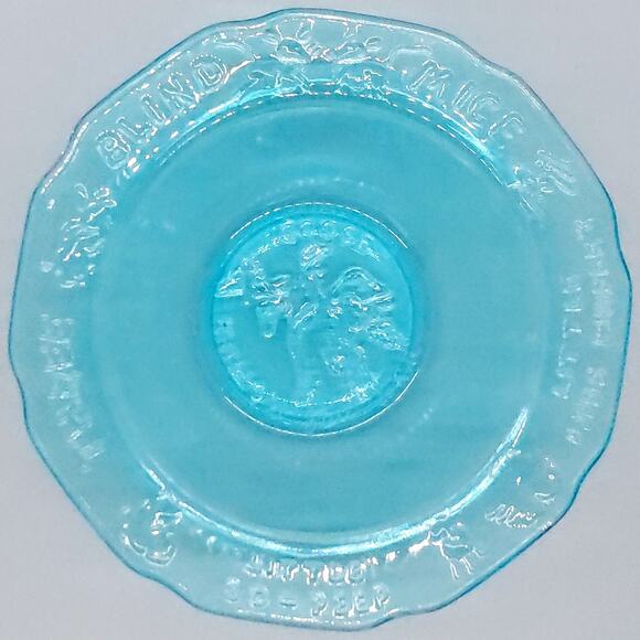 Vintage Tiara Glass Mother Goose 3 Piece Nursery Rhyme Dish Set Aqua Blue EUC - Picture 8 of 12